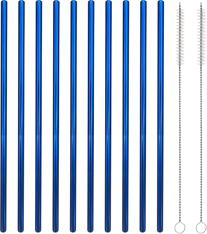 10 Pcs Stainless Steel Straws, Reusable Drinking Straws, Straight Metal Straw Sets with 2 Pcs Cleaning Brushes (10.5 Inch, Blue)