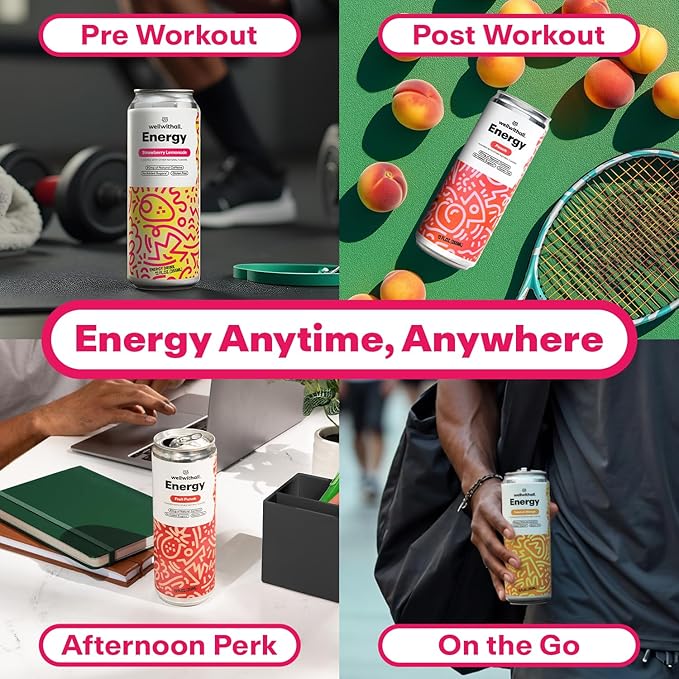 WellWithAll Energy Drink - Natural Caffeine from Tea - Healthy Energy Drink - Lightly Sparkling - Blend of Fruit and Veggie Juices - 12 Oz (Pack of 12) (12 Fl Oz (Pack of 12), Strawberry Lemonade)