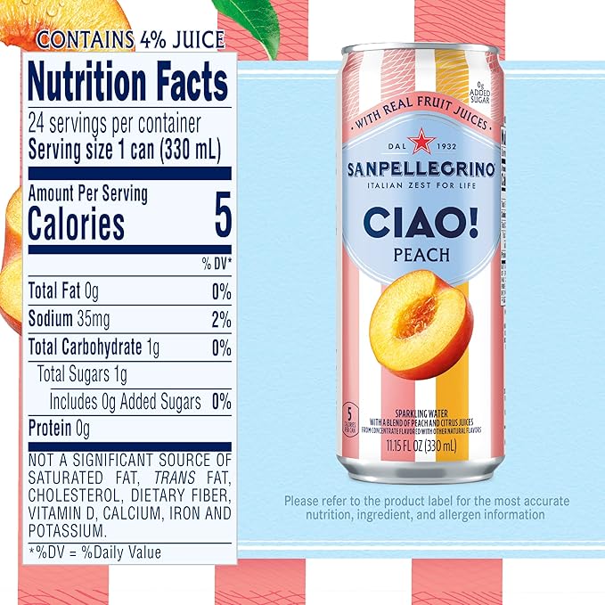 Sanpellegrino CIAO Peach Sparkling Water, Low-Calorie Italian Sparkling Water with Real Fruit Juices, 0g Added Sugar, 24-Pack
