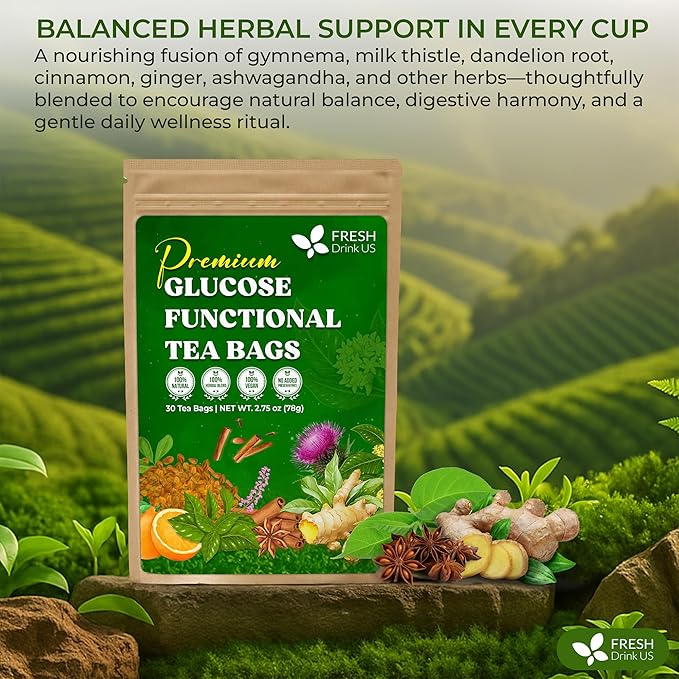 FreshDrinkUS, Premium 75 Tea Bags Glucose Functional Tea – Herbal Blend with Gymnema, Cinnamon, Bitter Melon, Tulsi & More –– Caffeine-Free. Sugar-Free. Gluten-Free. Vegan