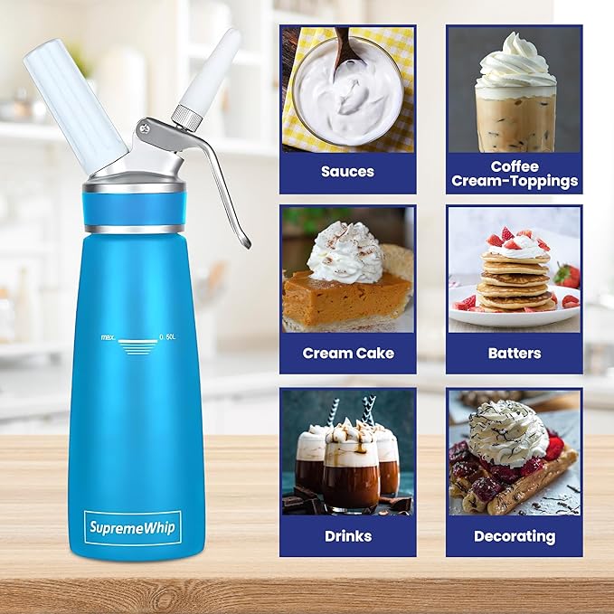 PRO Cream Dispenser, Durable High-Grip, Metal Lid with Rubber, 3 Nozzles, for Hot/Cold Use, Cleaning Brush Included, Blue - 500 ml / 1 Pint