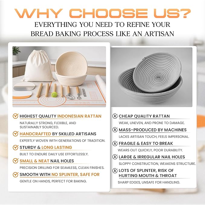 Banneton Bread Proofing Basket Set, 9" Round & 10" Oval Bread Baskets with Liners, Sourdough Starter Kit, Bread Making Tools, Natural Rattan Proofing Bowls for Home Bakers