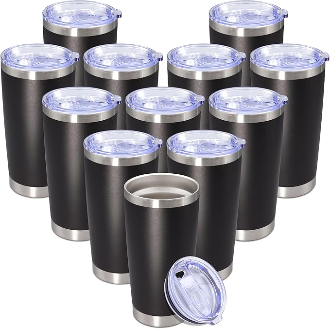 20 oz Tumbler with lid Double Wall Vacuum Insulated Tumblers Stainless Steel Coffee Mug Travel Coffee Tumbler Powder Coated Tumbler Cup Keep Hot&Cold - (Black 12 Pack)