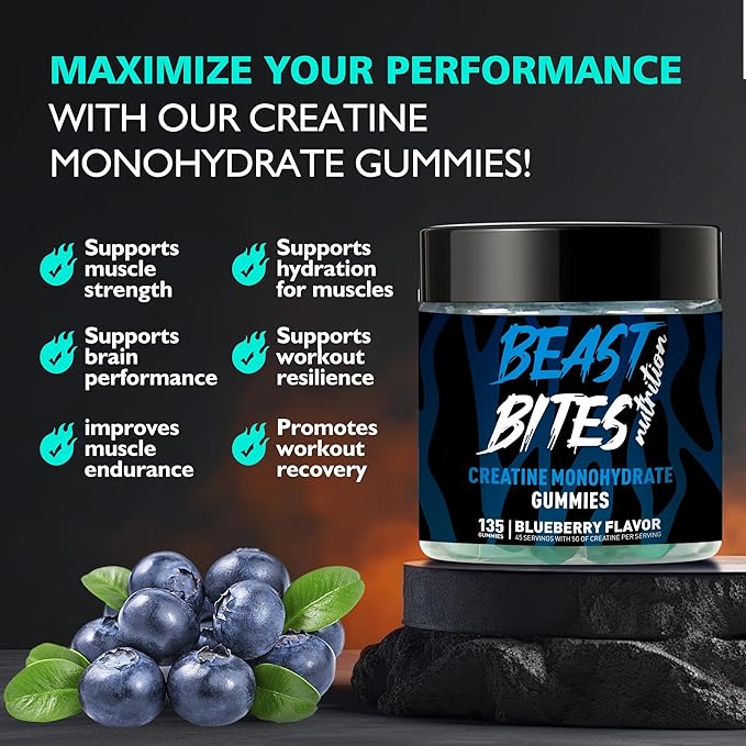 Creatine Monohydrate Gummies for Men & Women - 5g of Creatine Monohydrate per Serving - Sugar Free,Vegan, Blueberry Flavor, 135 Count.