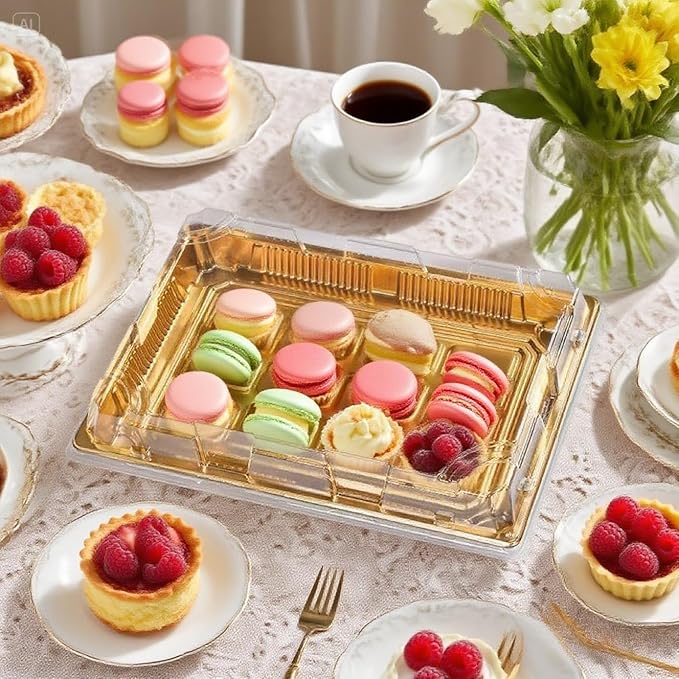 10 Pack Gold Rectangular Sushi Containers with Clear Lids – Disposable Plastic Food Boxes for Party, Takeout & Catering – Elegant, Stackable Trays for Sushi, Snacks & Desserts(Model No.1101)