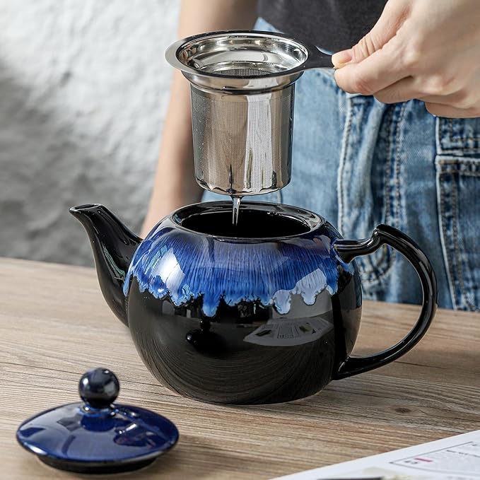 KOOV Tea Pot with Infuser for Loose Tea, 34 ounce Ceramic Teapot with Infuser, Enough For 6 Cups, Tea Pots with Tea Strainers for Tea Party, Reactive Glaze (Nebula Blue)