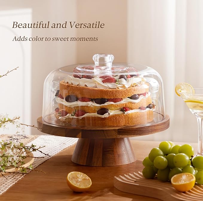 HBlife Cake Stand with Glass Lid (11.4"), Multifunctional Cake Stand with Dome, Acacia Wood 6-in-1 Cake Plate Display Stand with Cover for Baking Gifts, Birthday Kitchen Parties, Weddings