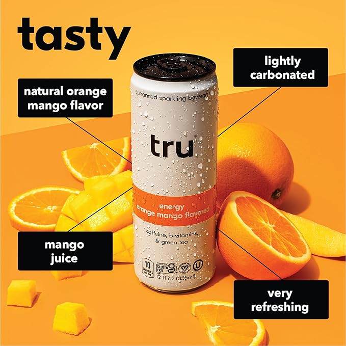 Tru Energy Seltzer, Sparkling Water with Natural Caffeine, Orange Mango Juice, Green Tea Extract & B Vitamins, Lightly Carbonated Energy Drink, Gluten Free, Vegan, Low Calorie, 12 FL OZ Cans, 12 Pack