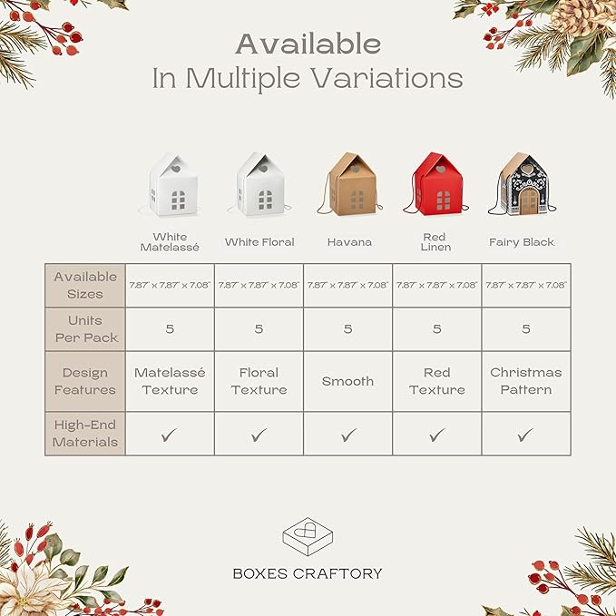Pack of 5 House Shaped Gift Boxes (7.87 x 7.87 x 7.08 inch) - Mansion Ideal for Christmas and for Treats - Red Linen
