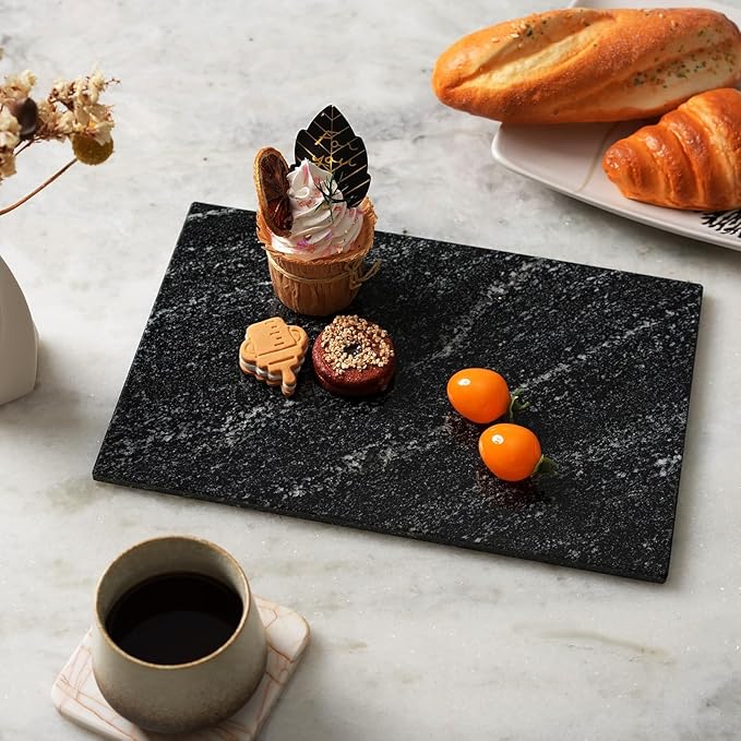 Koville Natural Black Marble Cutting Board for Kitchen Counter, 12" x 8" Real Stone Slab Marble Cheese Board for Home Decor, Granite Pastry Boards Granite Cutting Boards Bathroom Tray Candle Plate