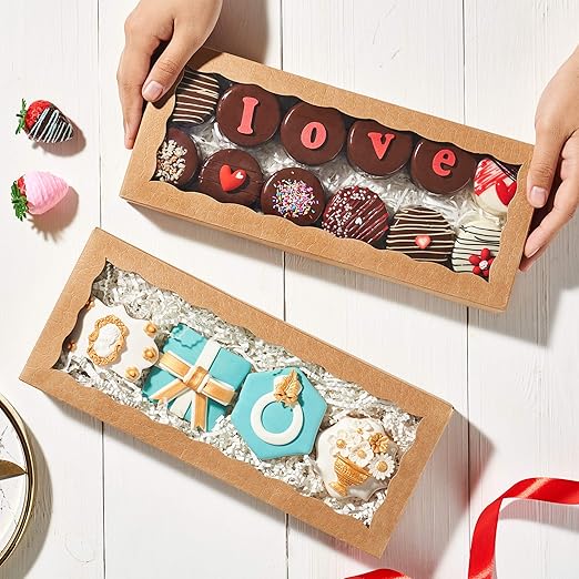 100PCS 12 x 5 x 1.5 inches Auto-Popup One Piece Premium Cookie Boxes, Mini Strawberry Boxes, Kraft Brown Bakery Box for Holiday Cookie Gift Sets