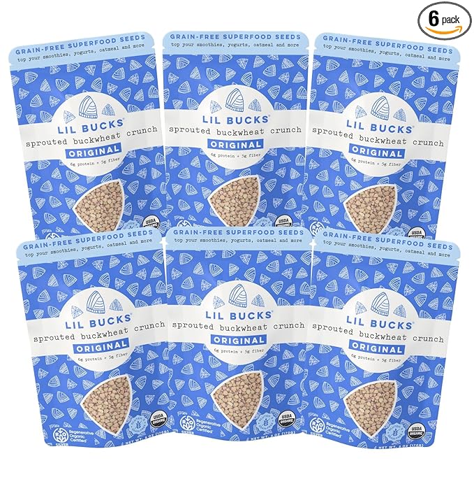 Lil Bucks Sprouted Regeneratively Grown Buckwheat Seeds– Paleo Cereal, Gluten-Free Granola, High in Protein, Low Sugar, Organic Superseed Crunch (ORIGINAL, 6 Pack)