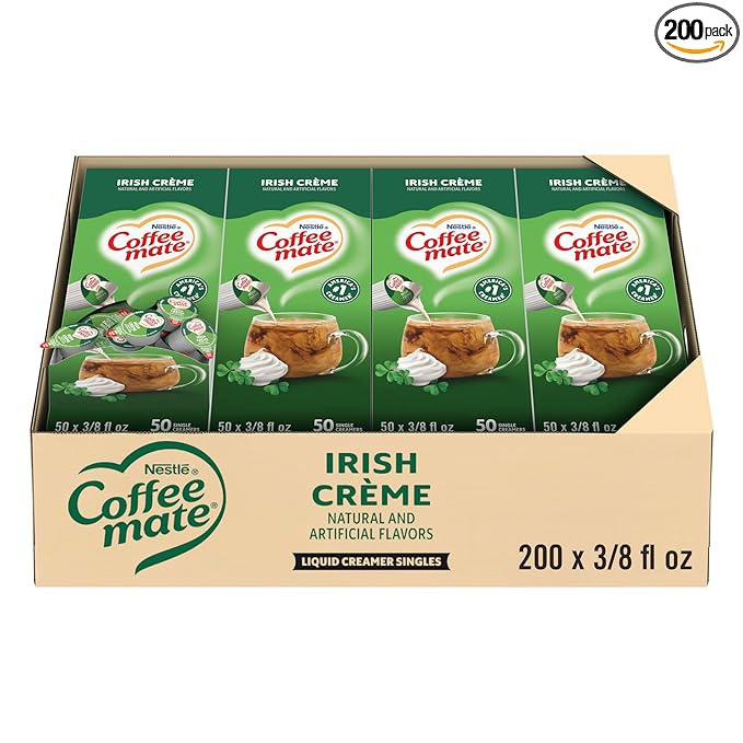 Nestle Coffee mate Coffee Creamer, Irish Creme, Liquid Creamer Singles, Non Dairy, No Refrigeration, 0.375 fl oz Tubs (Pack of 200)