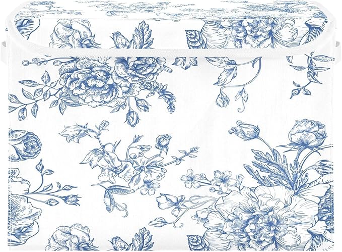 susiyo Blue Flowers Floral Storage Bin Large Collapsible Storage Box Stackable design Fabric Storage Bins with Lids Decorative Multi-Color Foldable Organizing Baskets For Closet