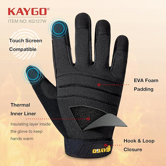 KAYGO Insulated Mechanic Work Gloves,KG127W Winter Thermal Safety Work Gloves for Men and Women, Double Lining,Heavy duty,Improved dexterity,Excellent Grip,Ideal for outdoor jobs,2XL