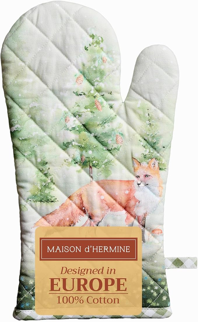 Maison d' Hermine Oven Gloves 100% Cotton Oven Mitt 7" x 13" with Loop Heat Resistant, BBQ, Cooking Gloves, Baking, Grilling, Kitchen, Handling Hot Pans (Pack of 1, Winter Mornings)
