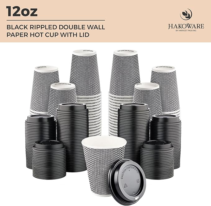 [100 SET]Harvest Pack 12 oz Disposable Coffee Cups, Insulated Ripple Double-Walled Paper Cups with Lids, Black and White Geometric, Drinking Cups for Tea Hot Chocolate Drinks To go coffee cups