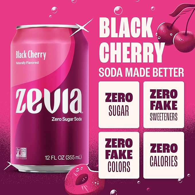 Zevia Zero Sugar Soda, Black Cherry, 12 oz Cans (24-Pack) – Naturally Sweetened, Non-GMO Project Verified, Gluten-Free, Vegan