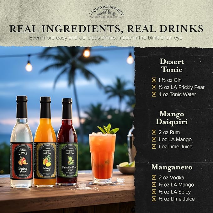 Liquid Alchemist Margarita Mix Trio Pack – Prickly Pear, Mango & Spicy Syrup | Our Small Batch Margarita Mixers Use Real Ingredients Perfect for any Cocktail Syrup Enthusiast (3 Pack, 12.7 oz Bottles)