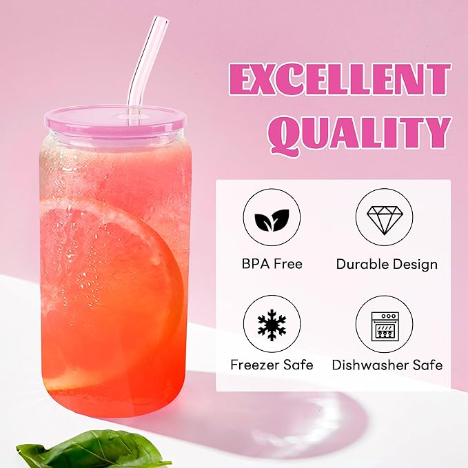 Joyclub 2pcs Glass Cups with Acrylic Lids and Straws 16 oz Can Shaped Glass Iced Coffee Cups with Lids and Straws, Cute Tumbler Cup Drinking Glasses for Smoothie Whiskey Boba Soda Tea Gift