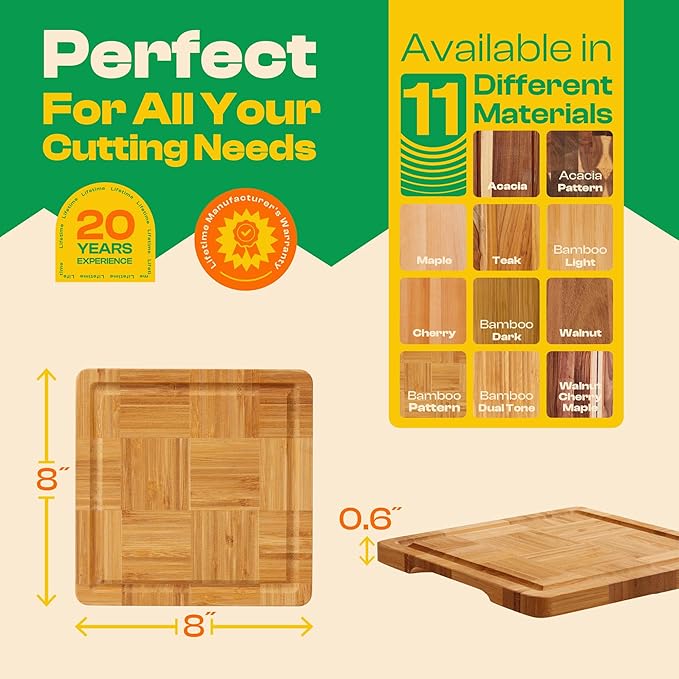 Riveira Bamboo End Grain Wood Cutting Board – Gourmet Bamboo Grandeur: 8 x 8 Wooden Cutting Board – Wooden Cutting Boards For Kitchen Decorative – Innovative Juice Grooves