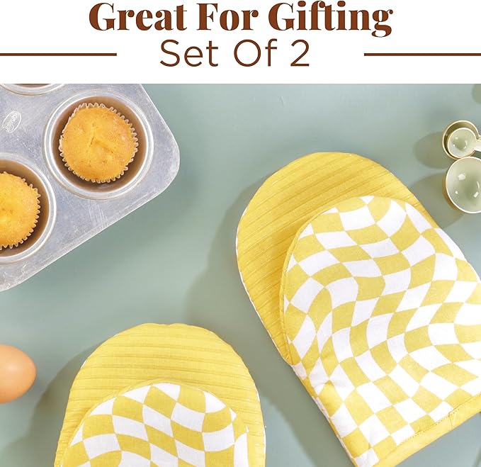 Folkulture Mini Oven Mitts or Short Oven Mitts | (5.75 x 9) Set of 2 Cotton Yellow Oven Mits Heat Resistant for Kitchen Decor | Yellow Check Kitchen Mittens or Oven Mitt with Hanging Loop