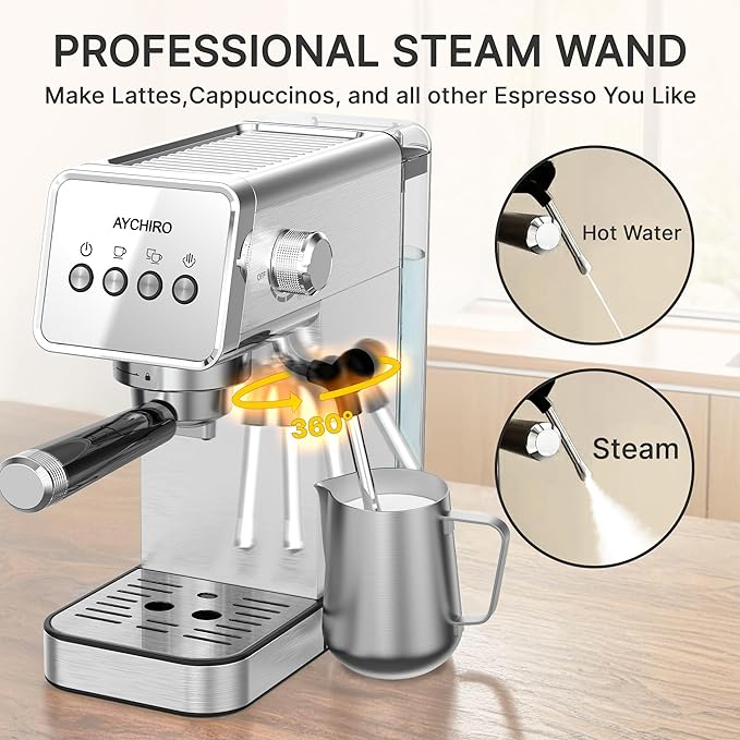 Espresso Machine with Steam Milk Frother,20 Bar Stainless Steel Coffee Maker for Latte & Cappuccino,Detachable Water Tank/Drip Tray, Hot Water Function for Home & Office Use