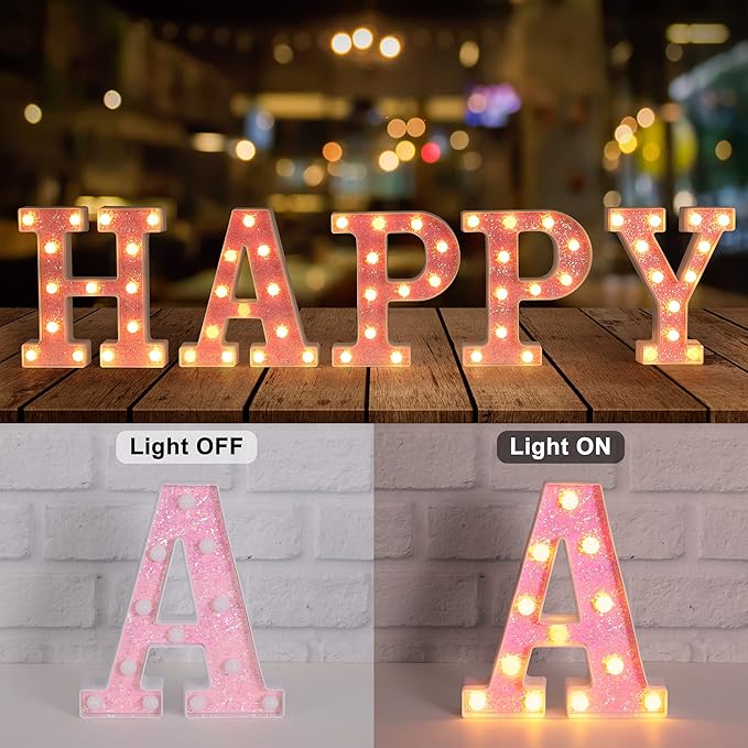 Foaky Pink Light up Letters，Pink Party Decorations,Girls Room Decor,Glitter Light Up Letters,Alphabet Letter Sign for Night Light Birthday Party Girls Gifts, Home Bar Decoration（J）