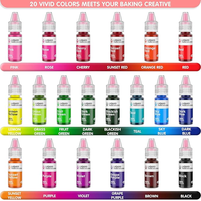 Food Coloring Liquid Set - Jelife 20 Colors Liquid Easter Eggs Dye Kit Edible Cake Decorating Color Flavorless Vibrant Food Dye for Baking Macaron Frosting Fondant Cookie(6ml/Bottles)