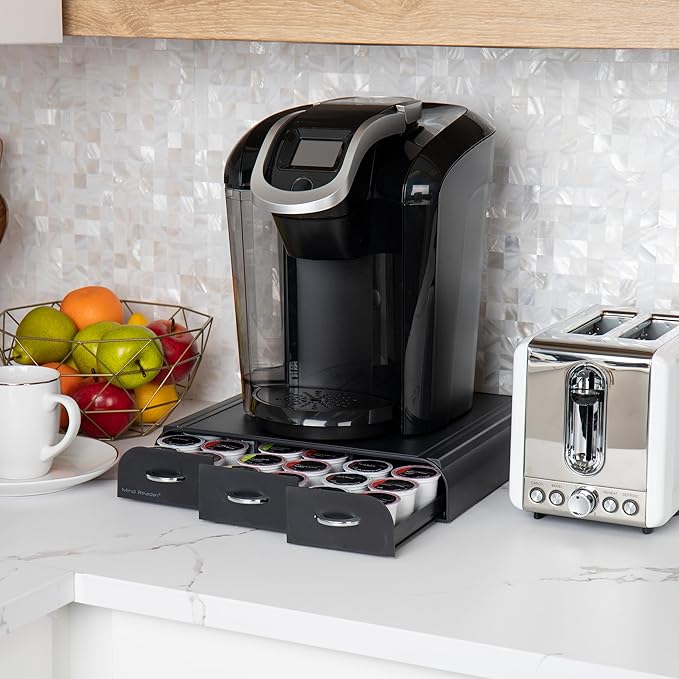 Mind Reader Single Serve Coffee Pod Organizer with 3 Drawers, 36 Pod Capacity, 13.5"L x 12.25"W x 2.5"H, Black (Pack of 8)