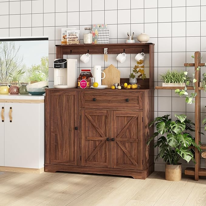 Wnutress Farmhouse Coffee Bar Cabinet with Drawer, 39" Kitchen Hutch Sideboard Buffet Cabinet with Charging Station and Adjustable Shelves, Coffee Bar Storage Table for Living Room, Dining Room, Brown