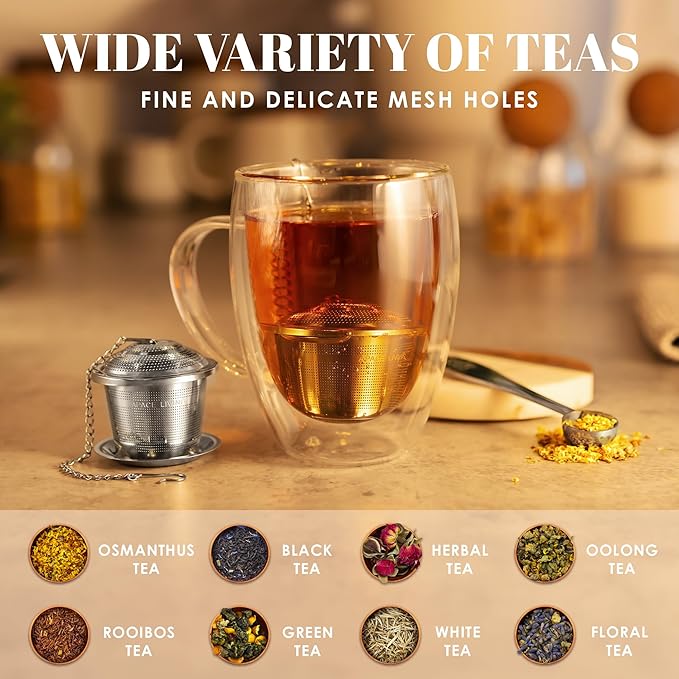 Tea Infuser (Set of 2) with Tea Scoop and Drip Dray - Ultra Fine Tea Strainer for Loose Leaf Tea - Stainless Steel Tea Steeper for a Superior Brewing Experience