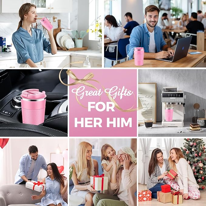 Volhoply 13 oz Stainless Steel Insulated Travel Coffee Mug with Fip Lid Bulk 8 Pack,Reusable Double Wall Vacuum Metal Coffee Cup,Portable Leak Proof Thermal Tumbler for Hot & Cold Drinks(Pink,8)