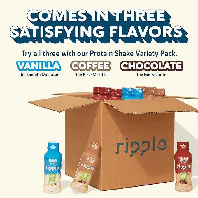 Ripple Vanilla Plant Based Protein Shake | 20g of Quality Sourced Pea Protein, Calcium & Iron Rich | Shelf Stable | Vegan & Non GMO | Dairy, Soy, Nut, & Gluten Free | 12 Fl Oz Bottles (Pack of 12)