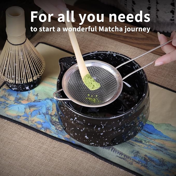 Japanese Matcha Whisk Set - 7-Piece Kit Bamboo Chasen, Ceramic Bowl with Spout, Stainless Steel Sifter & Holder Black
