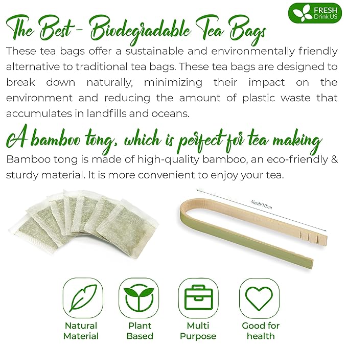 FreshDrinkUS, Premium 55 Tulsi Green Tea Bags, 100% Natural, Blend of Tulsi Holy Basil Leaves, and Green Tea Leaves. Made with Natural Material Tea Bags. No Sugar, Vegan.