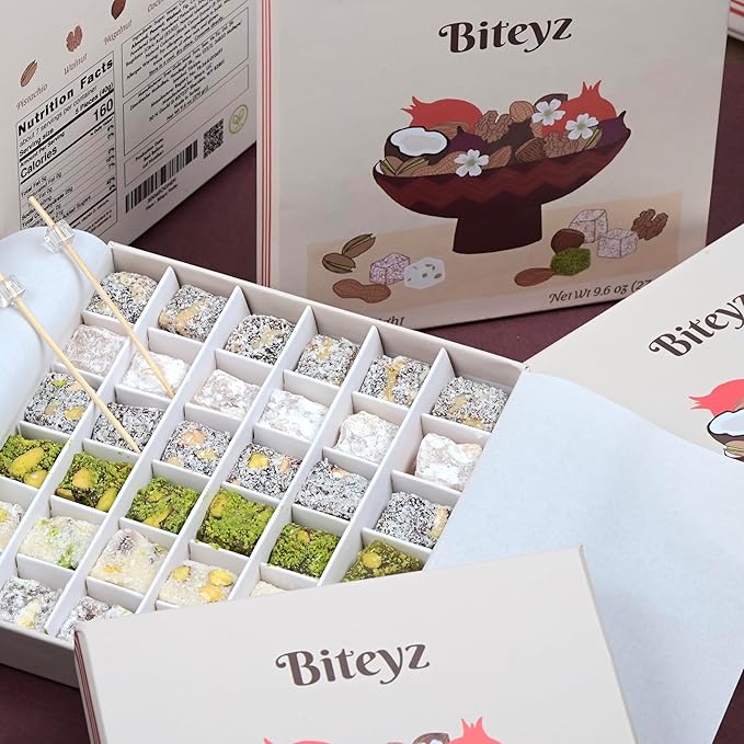 Biteyz Nutty Turkish Delight, Vegan Candy Gift Box - Assorted Gourmet Treats with Pistachios, Walnuts, Hazelnuts, Almonds, Peanuts, and Coconut, 36 Pieces of Luxury Handmade Snacks
