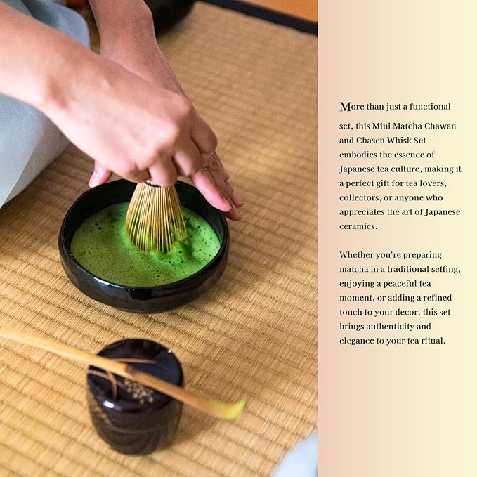 Japanese Traditional Mino Ware Handcrafted Mini Matcha Chawan Tea Bowl Cup Set with Chasen Bamboo Tea Whisk Ceremony Tableware Pottery (Oribe Ume)