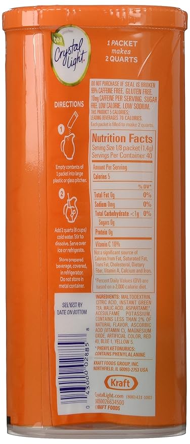 Crystal Light Natural Green Tea Peach Mango Drink Mix (30 Pitcher Packets, 6 Canisters of 5)