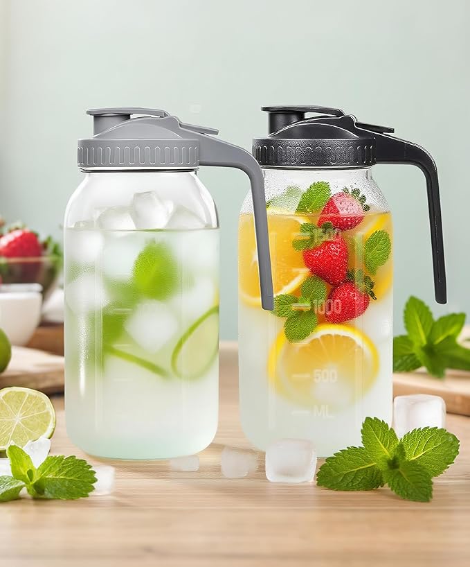 2 Quart Wide Mouth Glass Pitcher with Lid, 64oz Mason Jar Pitcher, Leak-proof Iced Tea Pitcher,Heavy Duty Container for Fridge Sweet Tea,Juice,Cold Brew Coffee,Breastmilk Storage Drinks-1PACK/Black