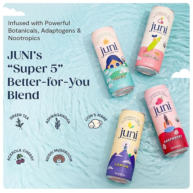 Juni Sparkling Adaptogen Drink with Ashwagandha, Lion’s Mane & Reishi Mushrooms | Green Tea for Focus, Zero Sugar, 5 Calories, Organic | Non Alcoholic Drinks - Variety Pack 12 pack