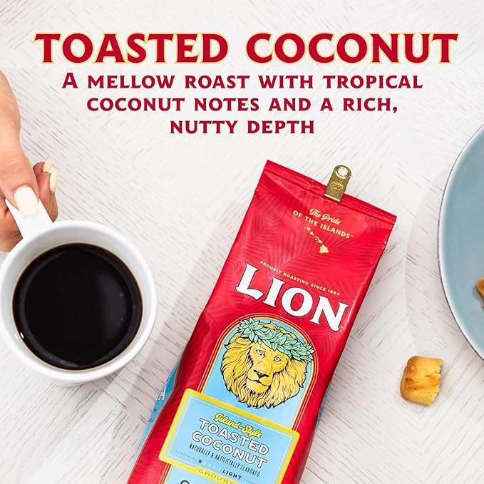 Lion Coffee Toasted Coconut Flavored, Light Roast Whole Bean Coffee, A Taste of Aloha - 24 Ounce Bag