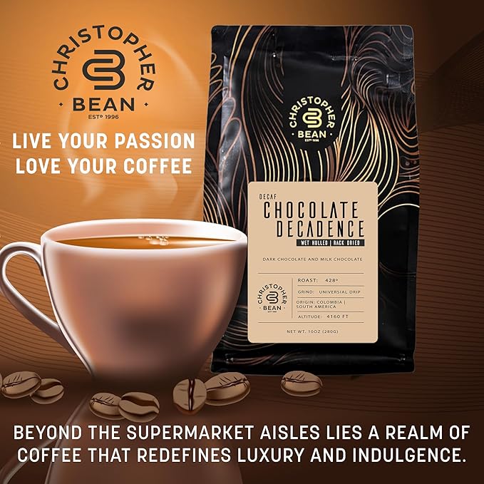 Christopher Bean Coffee - Certified Kosher - Decaf Ground Universal Drip Chocolate Decadence Flavored Coffee| Flavored Coffee with Medium Roast 100% Arabica, No Sugar, No Fats, Non-GMO | 10-Ounce