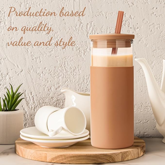 Tronco 20 oz Glass Tumbler With Lids and Straws, Reusable Smoothie Cups With Silicone Lid, Iced Coffee Cup With Silicone Protective Sleeve, Dishwasher Safe- BPA Free（Light Purple 1 Count）
