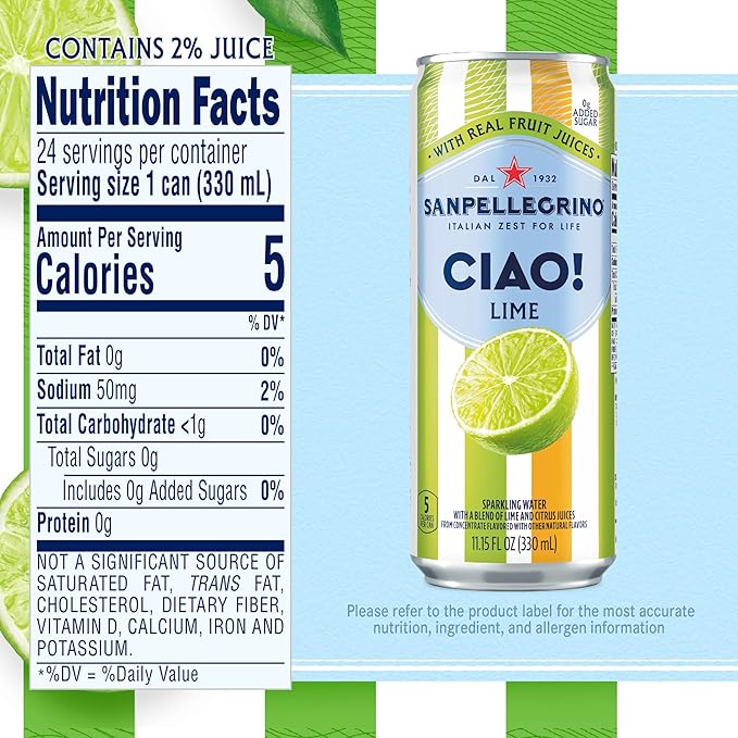 Sanpellegrino CIAO Lime Sparkling Water, Low-Calorie Italian Sparkling Water with Real Fruit Juices, 0g Added Sugar, 24-Pack
