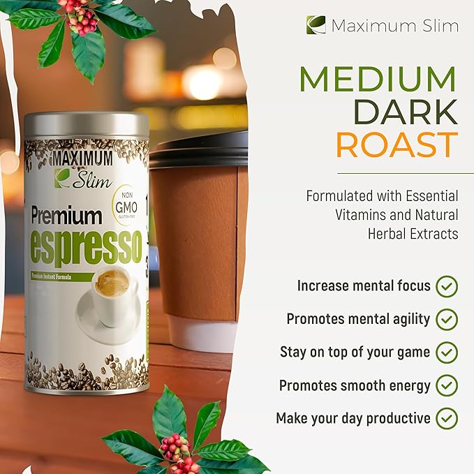 Maximum Slim Premio Instant Espresso Powder – Bold & Rich Flavor 100% Arabica Beans - Non-GMO, Gluten-Free – Premium Medium Roast Coffee 14.1 oz Resealable Jar = Café Instantáneo