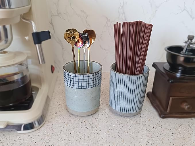 Stoneware Coffee Bar Utensil Holder Tea & Coffee Spoon & Stirrer Holder for Stir Stick Straw Teaspoon Holder Spoon Cup Small Utensil Jar (Blue Chequer)