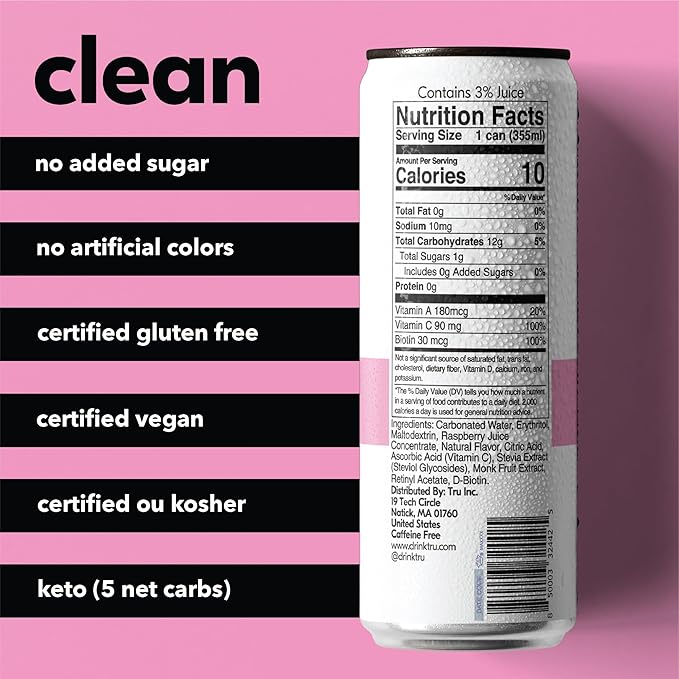 Tru Glow Seltzer, Sparkling Water with Biotin, Vitamin C, Vitamin A & Real Raspberry Juice, Sweetened with Monk Fruit & Stevia, Gluten Free, Vegan, Caffeine & Sugar Free, 12 FL OZ Cans, 12 Pack