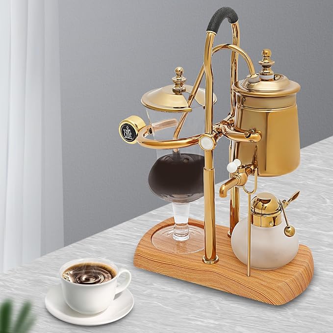 Belgian Luxury Royal Family Balance Syphon Coffee Maker Belgium Siphon Brewer Elegant Design Retro-Style Gravity Vintage Coffee Maker Vacuum Brewing System Copper (Gold)