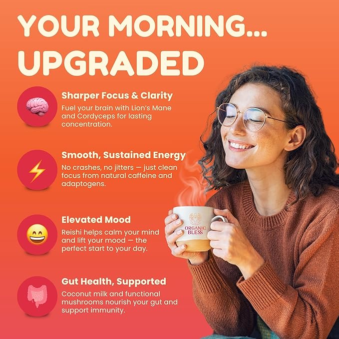 Organic Bless Instant Mushroom Coffee Powder – Organic Lion’s Mane, Reishi & Cordyceps Blend for Energy, Focus & Clarity – Adaptogenic Coffee with Coconut Milk & MCT Oil – 30 Servings